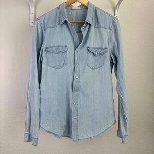 M Women’s Angel + Premium Long Sleeve Button Down Blue Denim Shirt Blouse